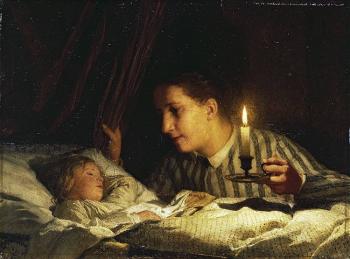 Young mother contemplating her sleeping child in candlelight